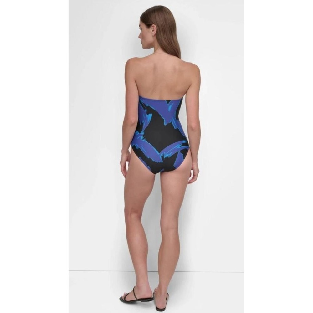 DKNY Women's U-Wire Bandeau Shirred One-Piece Swimsuit Brush Stroke Blue Small - Picture 6 of 11